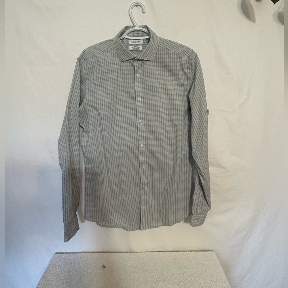 Calvin Klein Men's Blue  Grey and White Patterned Shirt Steel + Slim Fit